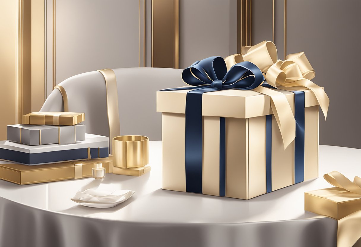 A custom gift box sits on a luxurious table, surrounded by elegant packaging materials and a soft spotlight, evoking a sense of exclusivity and sophistication