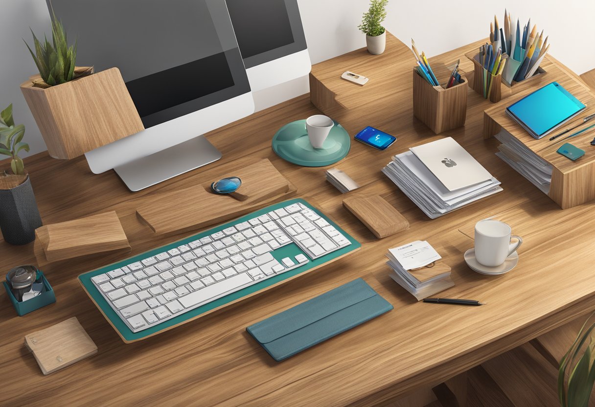 A wooden desktop adorned with customised corporate gifts