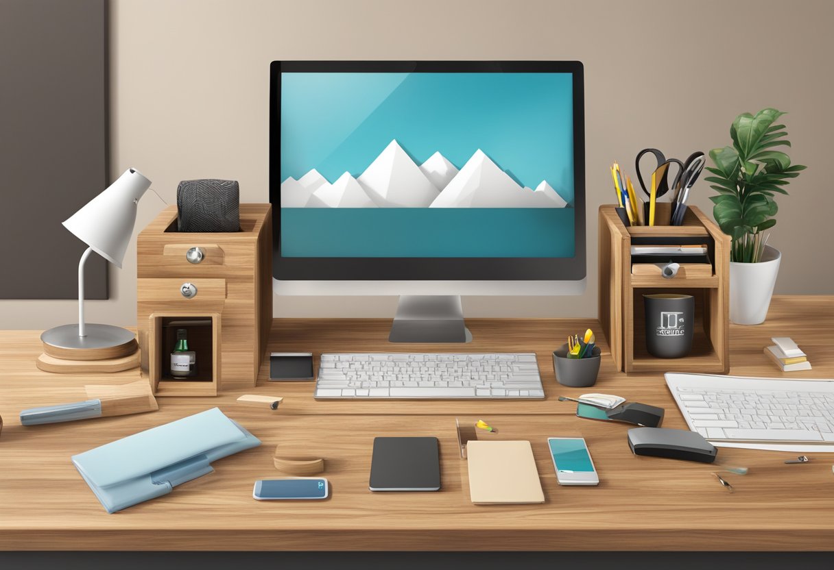 A wooden desktop adorned with customised corporate gifts