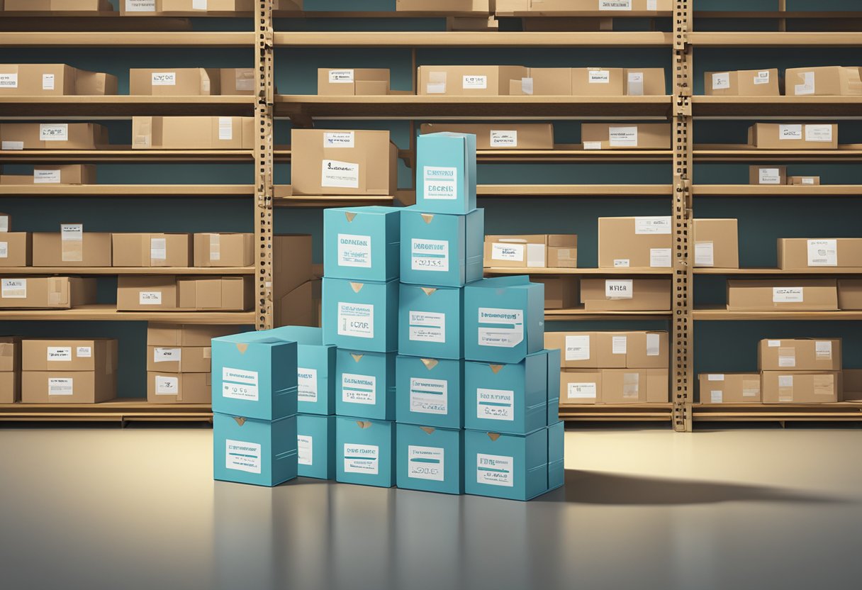 A stack of custom gift boxes labeled "Frequently Asked Questions" sits on a warehouse shelf, ready for wholesale distribution