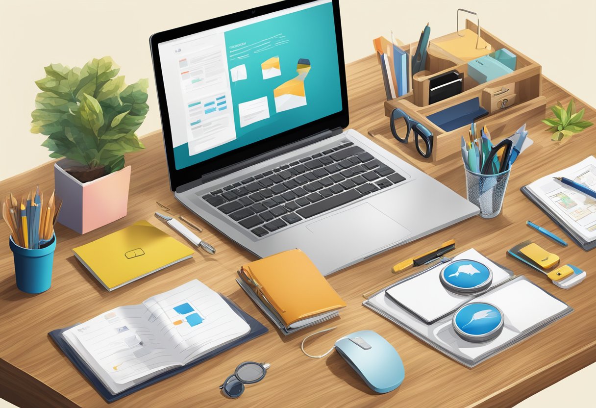 A wooden desktop adorned with customised corporate gifts, surrounded by frequently asked questions