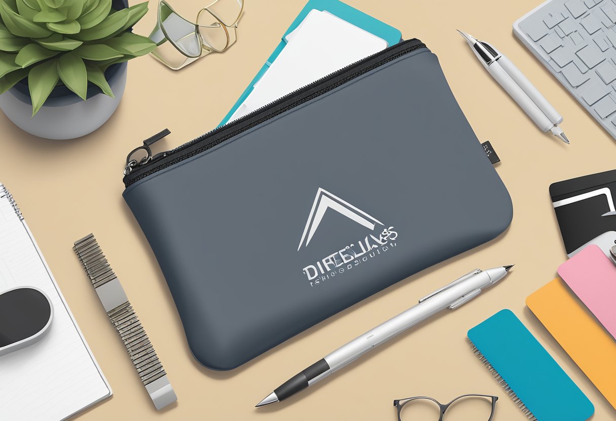 A sleek, branded zipper pouch sits on a desk, surrounded by office supplies and a logo-branded notebook