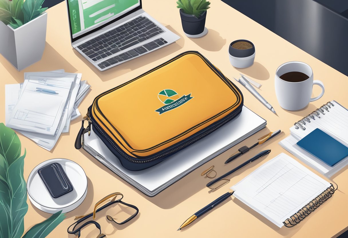 A zipper pouch with company logo sits on a desk next to a laptop and a stack of papers. A hand reaches for a pen inside the pouch