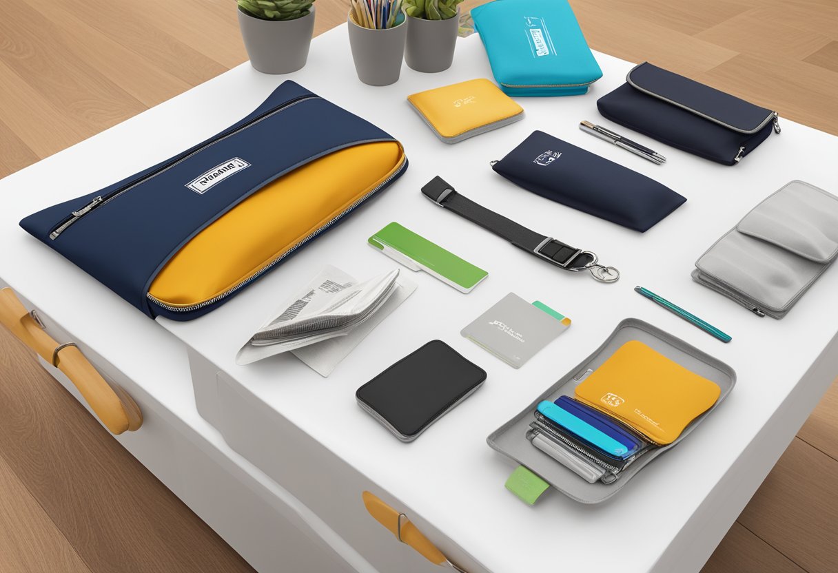 A zipper pouch with various branding options displayed on a corporate gift table