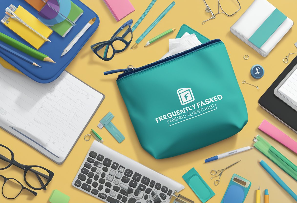 A zipper pouch with "Frequently Asked Questions" logo, surrounded by corporate gifts and office supplies