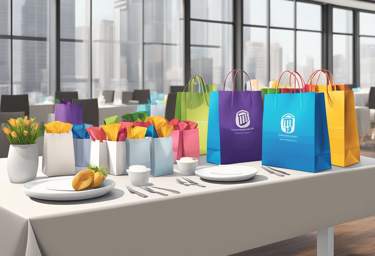 A table displays branded gift bags at a corporate event