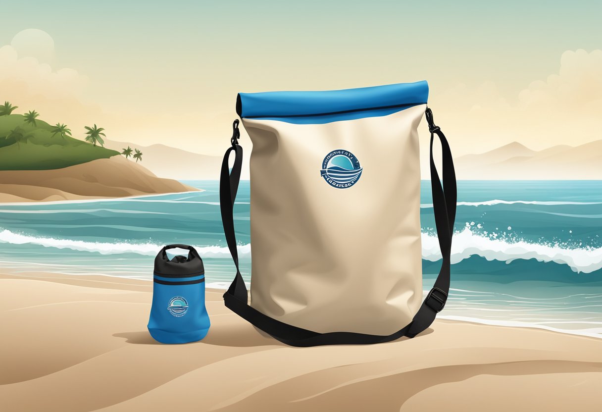 A sleek, branded dry bag sits on a sandy beach, with waves crashing in the background. The bag is filled with beach essentials and has the company's logo prominently displayed