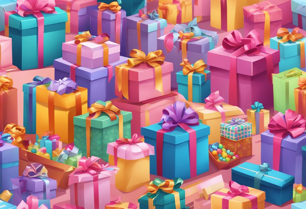 Colorful gift bags and boxes arranged on a table, filled with small trinkets, candies, and souvenirs. A variety of ribbons and tags are scattered around the gifts