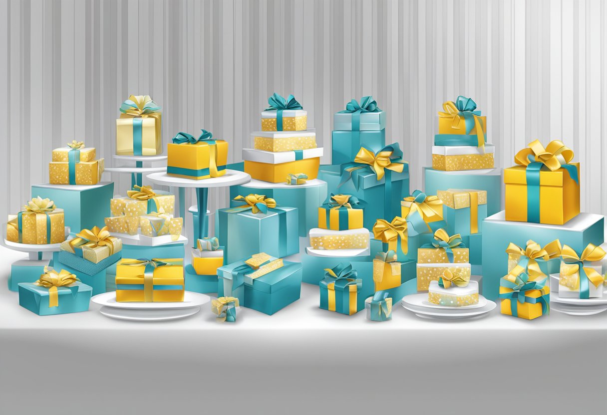 A table displays various door gifts for a corporate event. A company logo is prominently featured on each item