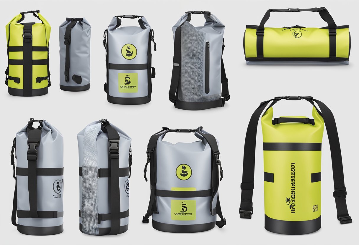 A branded dry bag with a waterproof seal, durable straps, and multiple compartments, displayed with a corporate logo and packaging for gifting