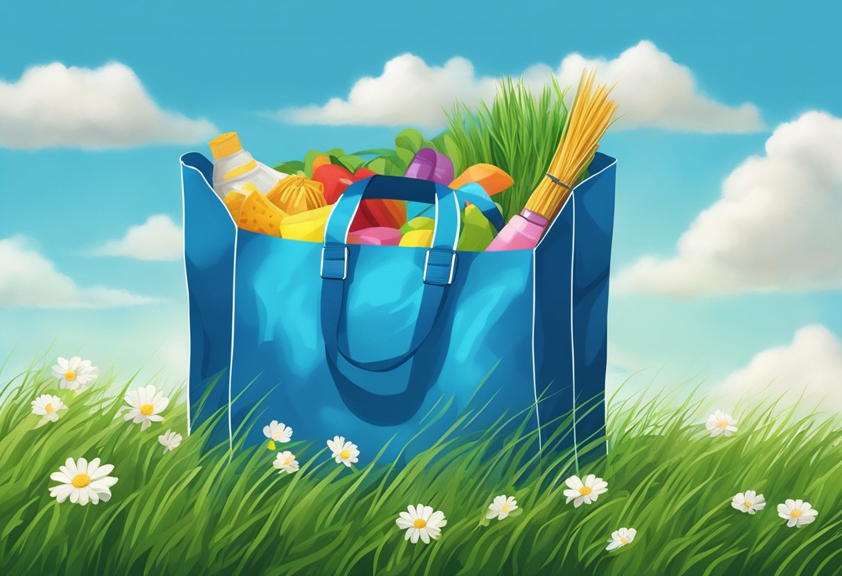 A non-woven bag sits on a grassy field, with a blue sky and a few clouds in the background