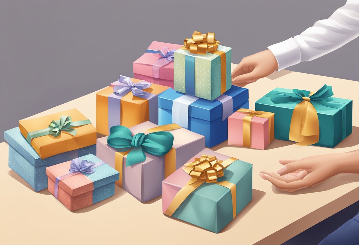 A hand reaches for a beautifully wrapped gift box among a variety of door gift options displayed on a table