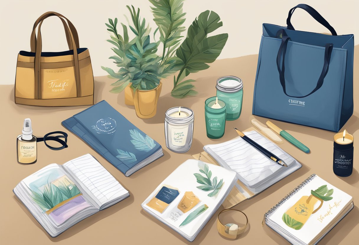 A table displays various door gift options: custom tote bags, keychains, scented candles, and personalized notebooks