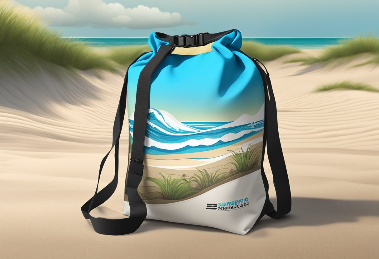 A sleek, branded dry bag sits on a sandy beach, with waves crashing in the background. The bag is open, revealing its spacious interior and durable, waterproof material