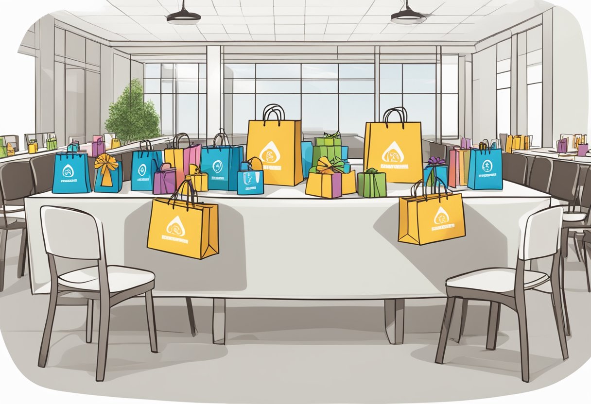 A table with branded gift bags, pamphlets, and a sign reading "Frequently Asked Questions" at a corporate event