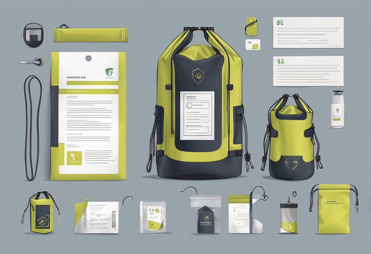 A branded dry bag surrounded by FAQs, with a corporate logo and gift tag attached