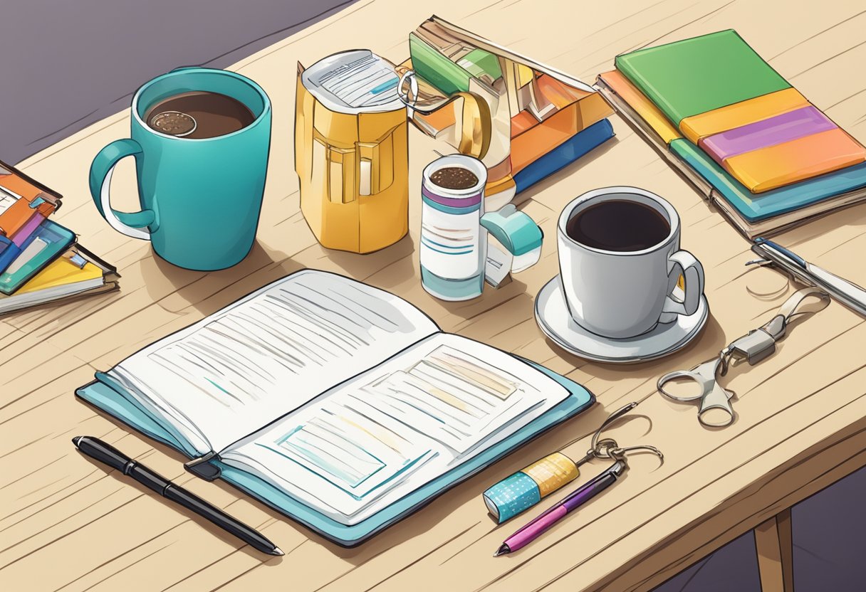 A table with various gift items, such as mugs, keychains, and notebooks, displayed with a sign reading "Frequently Asked Questions door gift ideas."