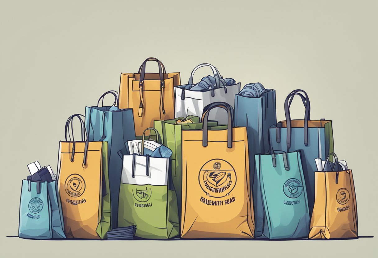 A stack of non-woven bags with "Frequently Asked Questions" printed on them, surrounded by various items commonly carried in bags