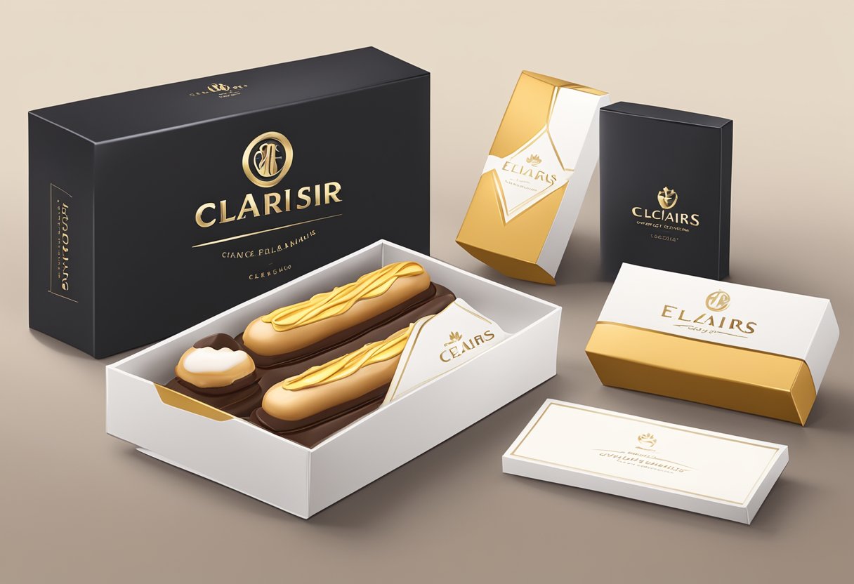 A beautifully wrapped box of eclairs with a corporate logo on top, surrounded by elegant packaging and a personalized note