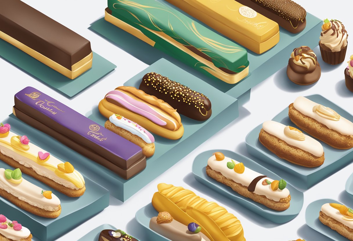 A table adorned with various Eclair Corporate Gift Options, including elegantly packaged eclairs and branded gift boxes