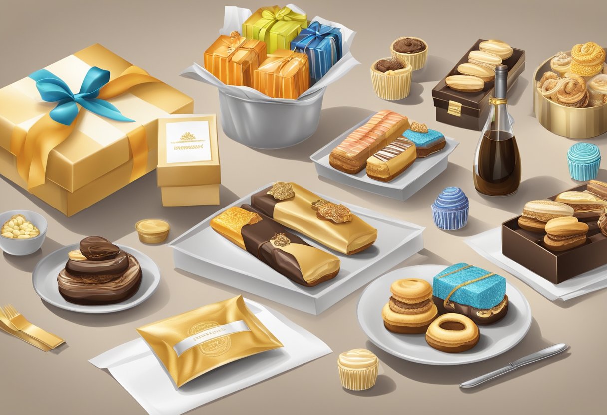 A table adorned with branded gift boxes and baskets, filled with elegantly wrapped eclairs and accompanied by a selection of promotional materials