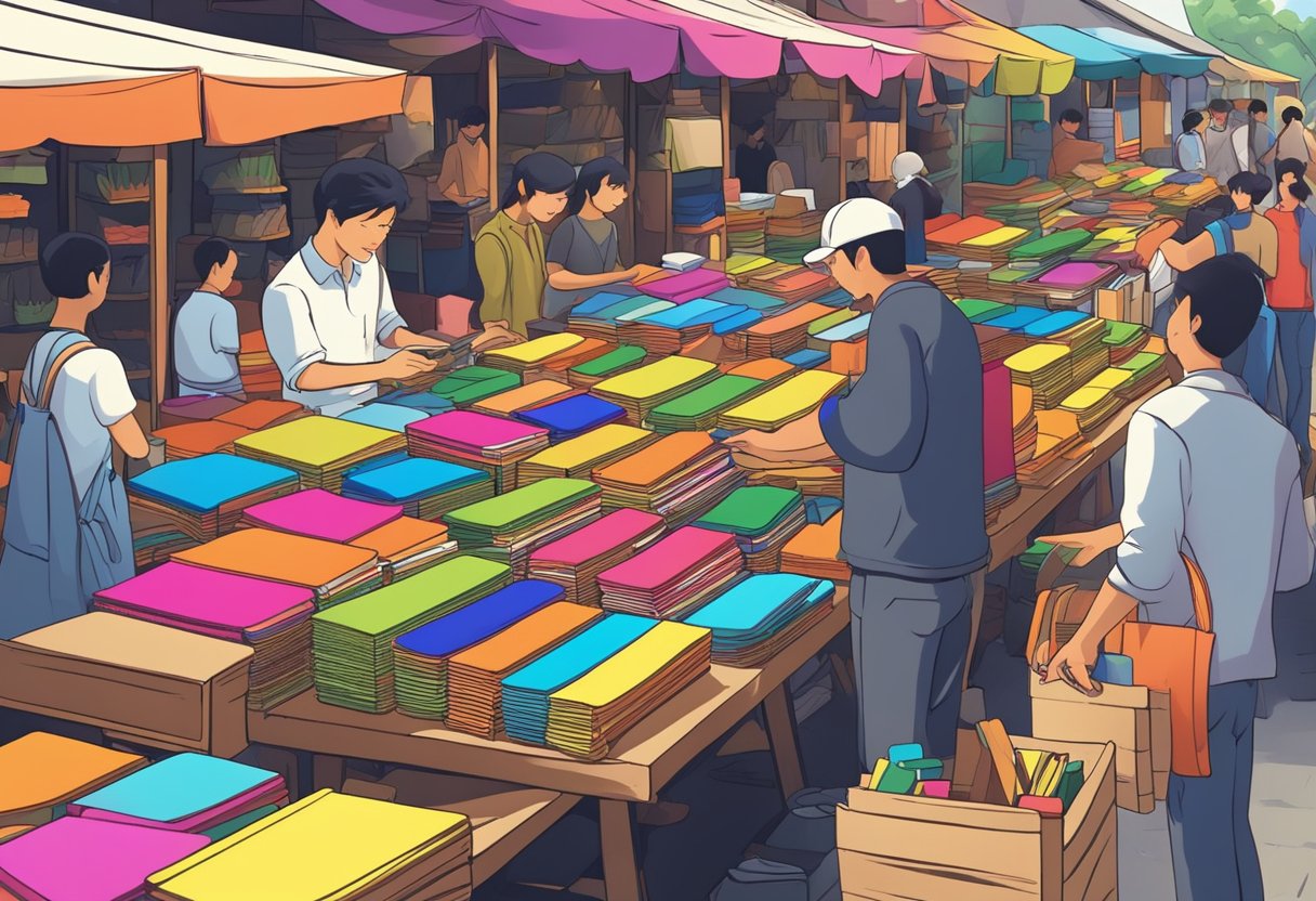 A notebook vendor arranging colorful notebooks on a wooden stall at a bustling market. Customers browse the selection while the vendor smiles and offers assistance