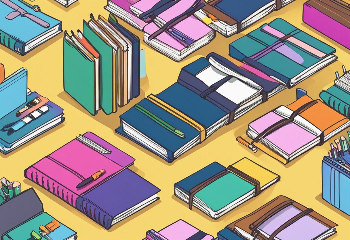 A row of colorful notebooks displayed on a vendor's table, with various designs and sizes. The vendor stands behind the table, ready to assist customers