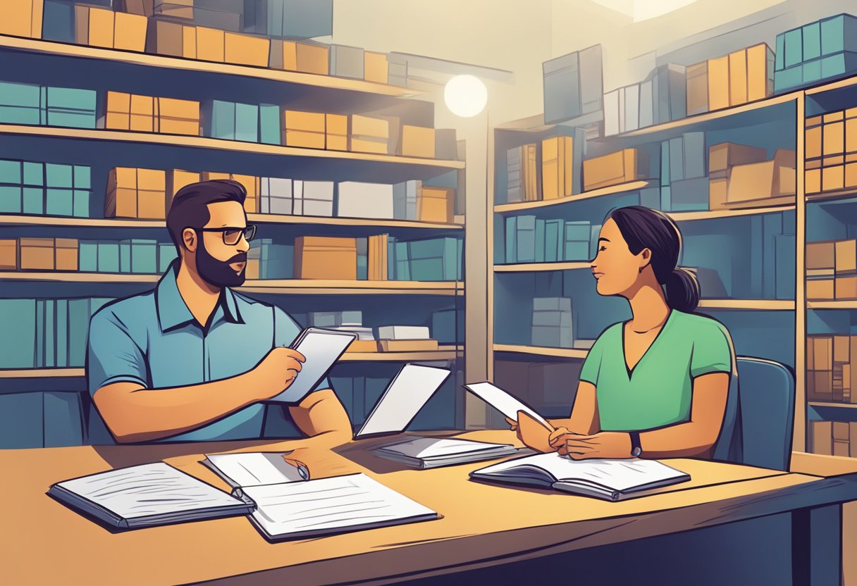 A vendor presents notebooks to a client, engaging in discussion and collaboration