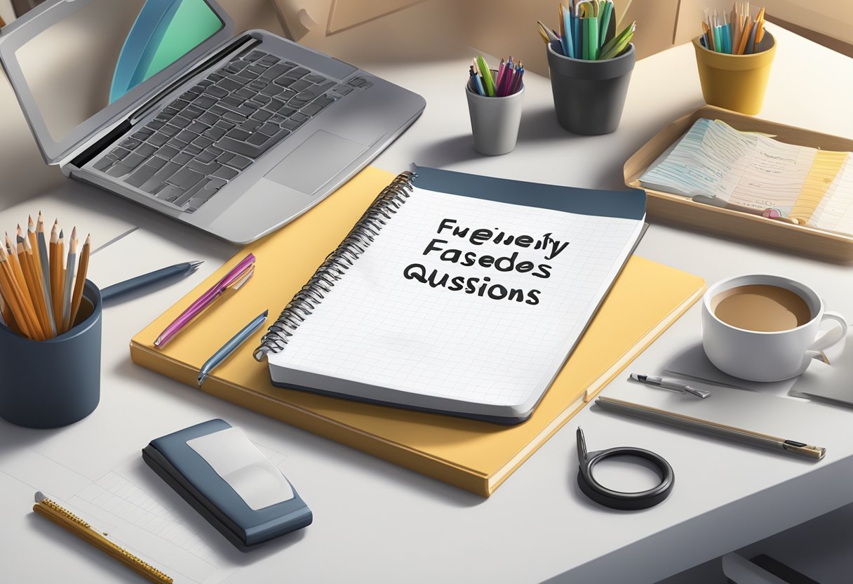 A vendor displays a notebook with "Frequently Asked Questions" written on the cover. The notebook is surrounded by other office supplies on a tidy desk