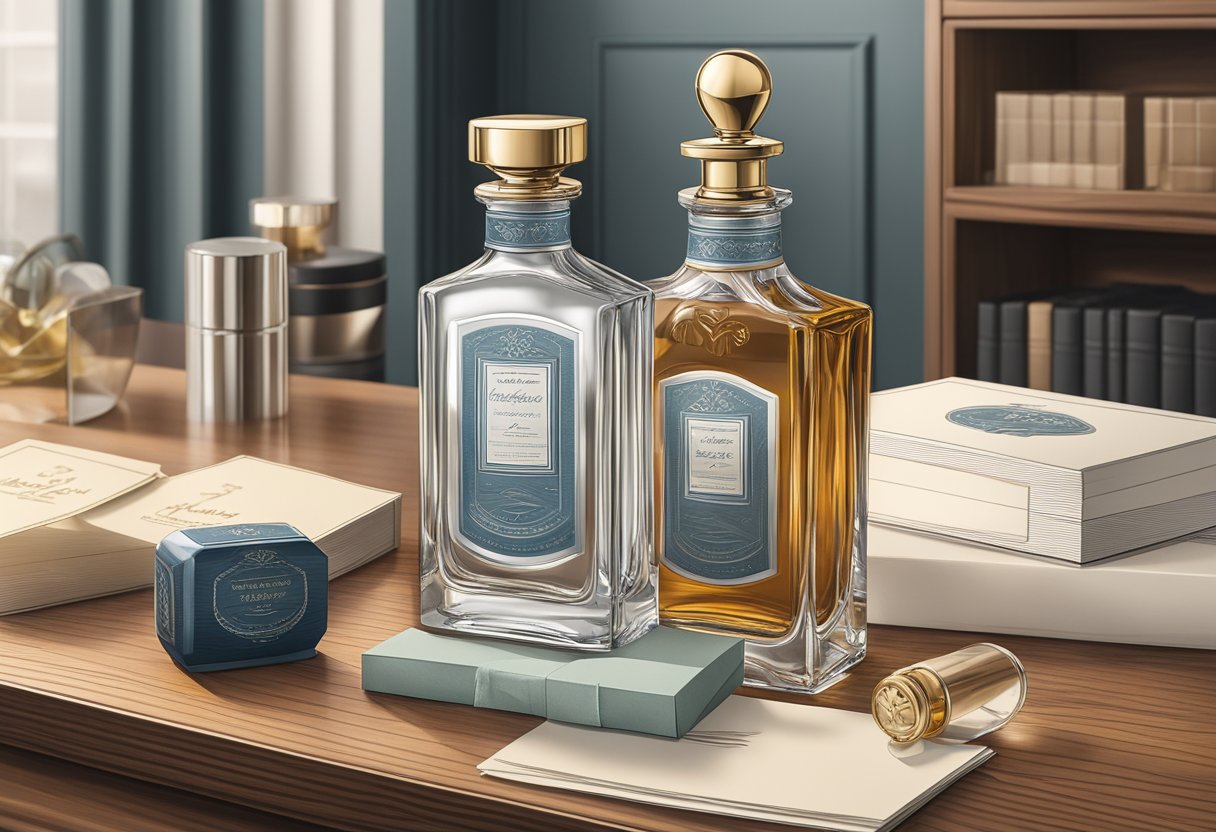 A sleek, engraved bottle sits on a polished wooden desk, surrounded by elegant packaging and a personalized note, creating a luxurious gifting experience
