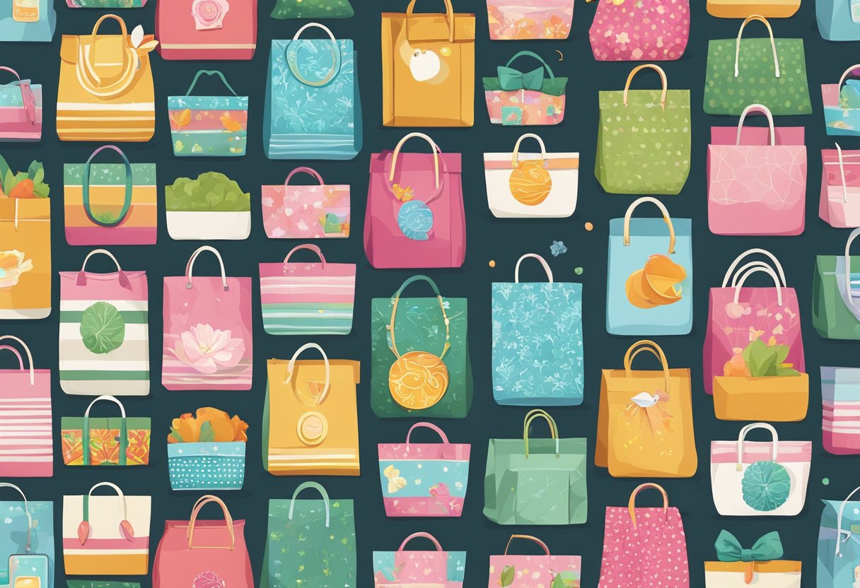Colorful event bags arranged in a neat row, each with unique designs and logos. Some are paper, others are reusable fabric, all filled with goodies