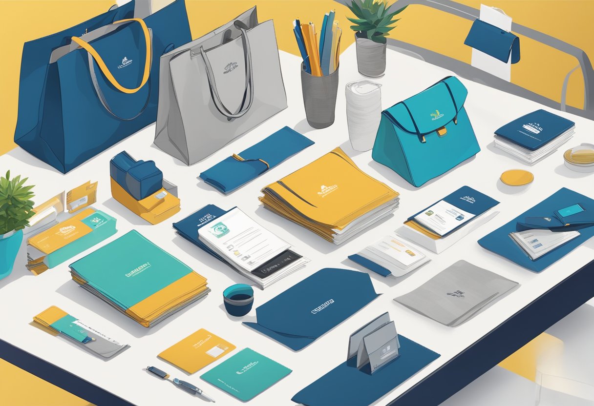 Various event bags displayed on a table with branding and promotional items inside, surrounded by people networking and exchanging business cards