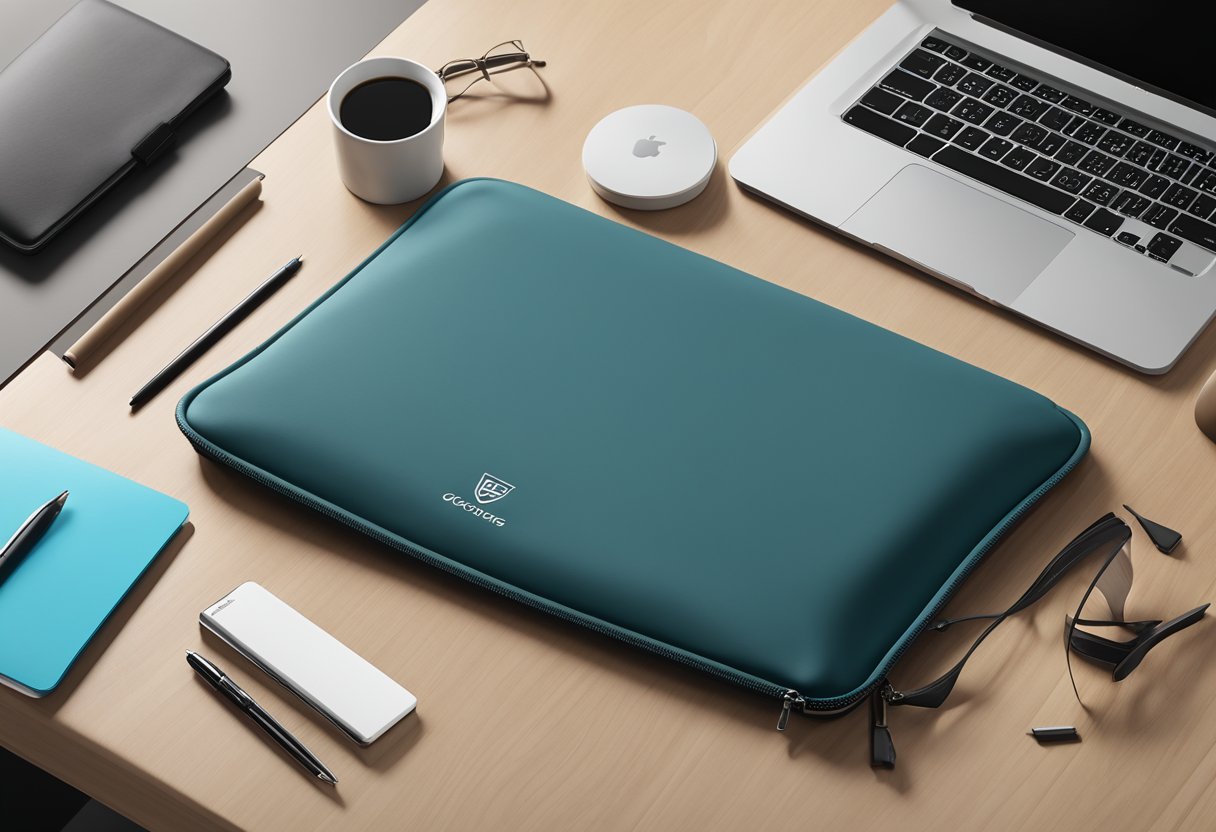A sleek, 15.6-inch laptop sleeve with a corporate logo embossed on the front, sitting on a clean, modern desk with other professional accessories nearby