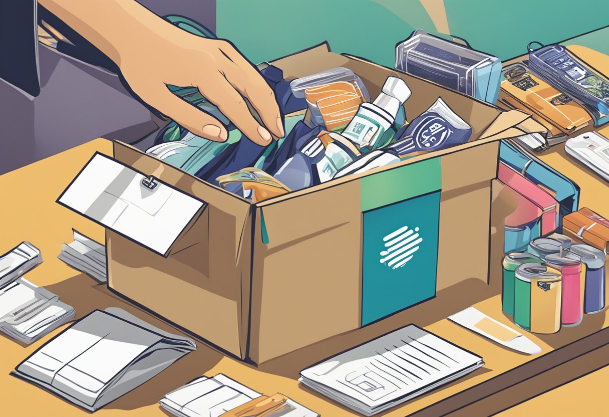 A hand reaches into a box, selecting items for swag bags. Items include branded merchandise and promotional materials