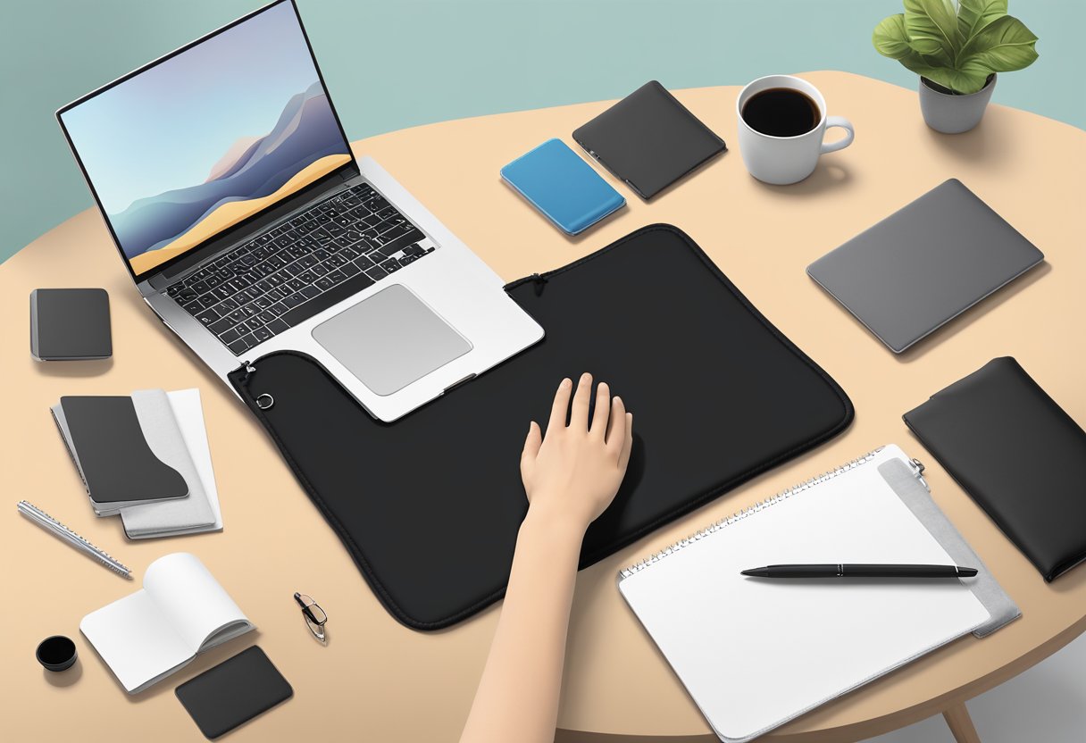 A hand reaches for a sleek black 15.6 inch laptop sleeve, surrounded by various other options. The sleeve is displayed on a clean, modern table, with corporate branding subtly visible in the background