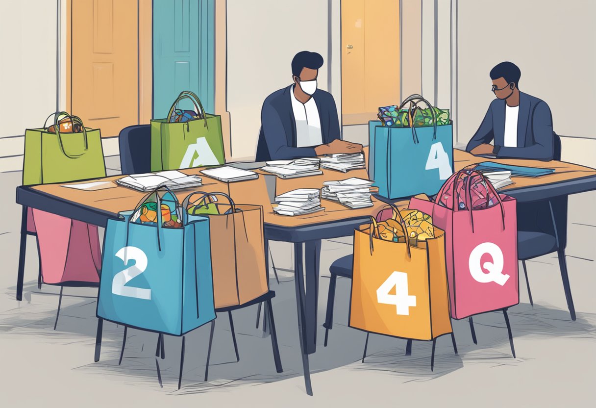 A table covered in event bags with "Frequently Asked Questions" printed on them. Bags are filled with informational materials and promotional items