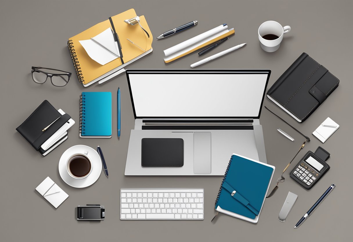 A table adorned with luxurious corporate gifts: branded leather notebooks, elegant pens, and sleek electronic gadgets