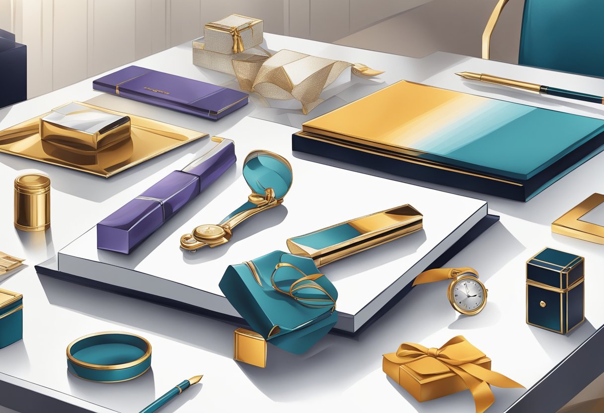 A hand reaches for a sleek, high-end corporate gift on a polished table, surrounded by other luxurious items