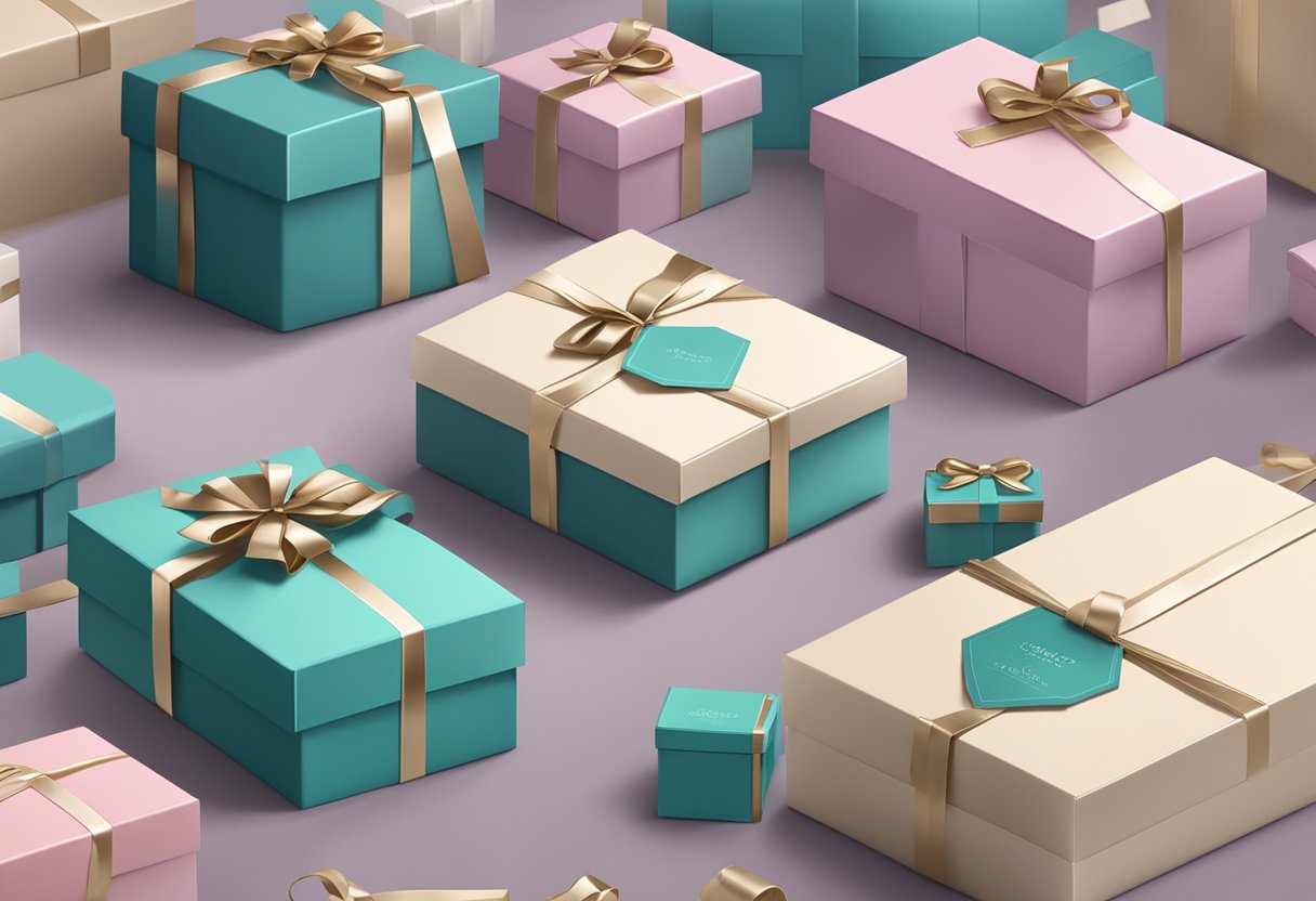 A table adorned with elegant gift boxes, branded with a company logo, surrounded by luxurious packaging and ribbon