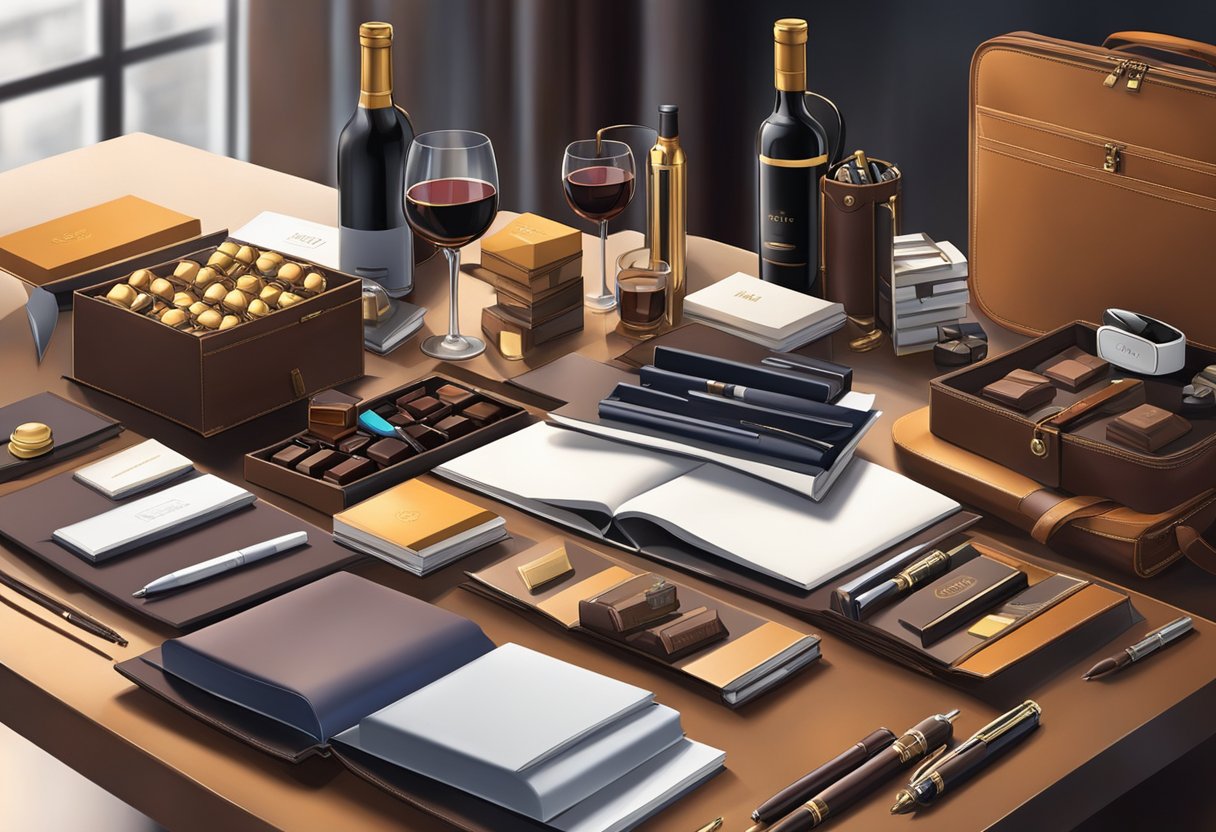 A table adorned with luxury pens, leather notebooks, and elegant tech gadgets. Boxes of gourmet chocolates and fine wines displayed nearby