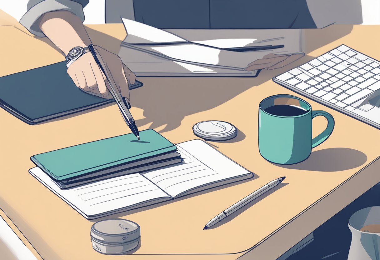 A hand reaching for a sleek, modern pen set on a desk with a stack of branded notebooks and a personalized mug