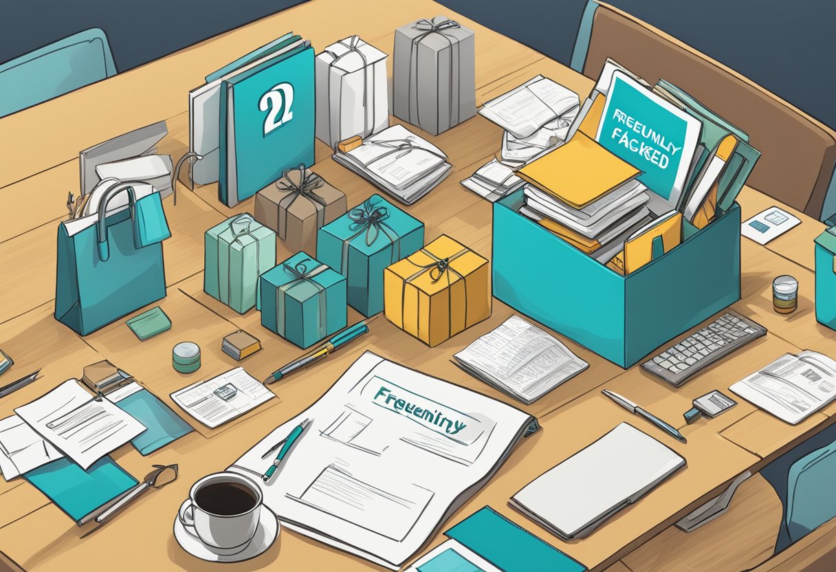 A table with neatly arranged corporate gifts and a sign reading "Frequently Asked Questions" displayed prominently