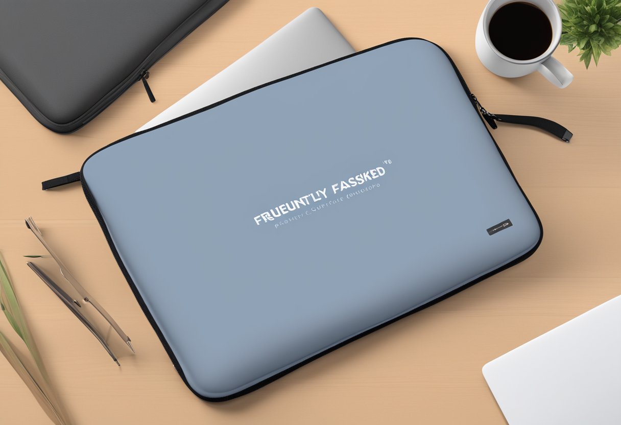 A sleek 15.6 inch laptop sleeve with the words "Frequently Asked Questions" printed on it, presented as a corporate gift
