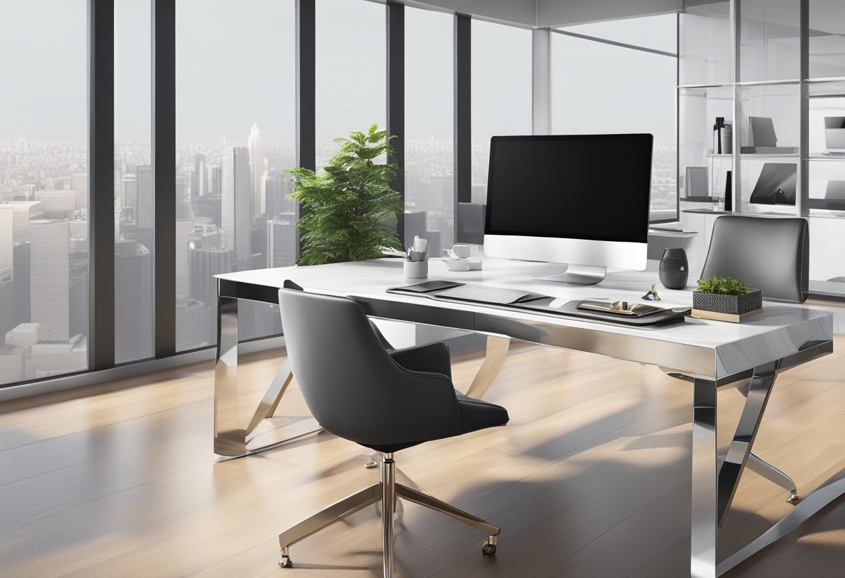 A sleek, modern office setting with a variety of high-quality corporate gifts displayed on a polished table. The gifts are branded with the company's logo and exude luxury and sophistication