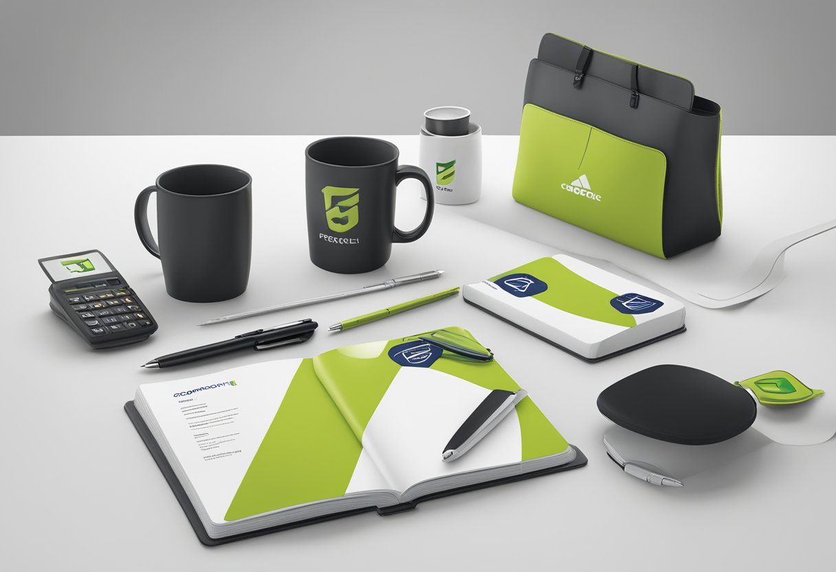 A table covered with branded merchandise, including mugs, pens, and notebooks, with the FG corporate logo prominently displayed on each item