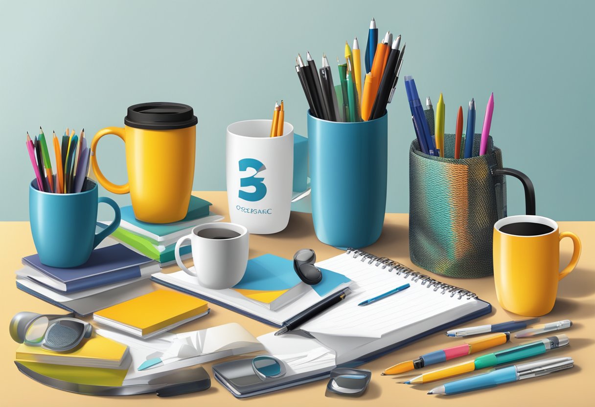A table with a variety of branded corporate gifts, including mugs, pens, and notebooks, displayed in an organized and eye-catching manner