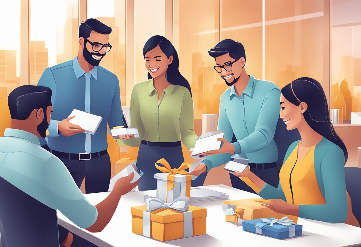 A group of employees exchanging branded corporate gifts in a modern office setting