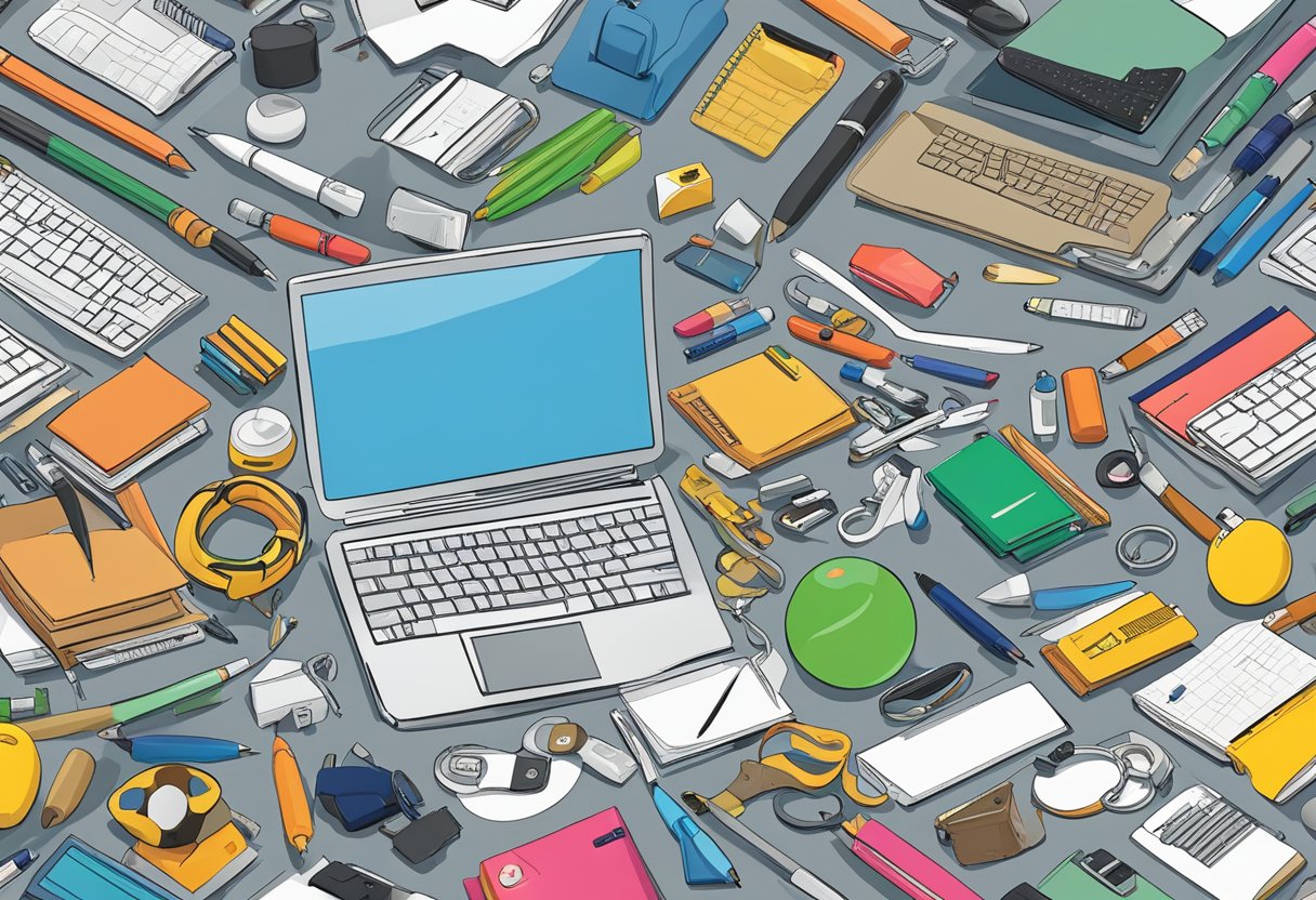 A pile of generic, low-quality items with company logos scattered on a desk. Items include pens, keychains, and stress balls