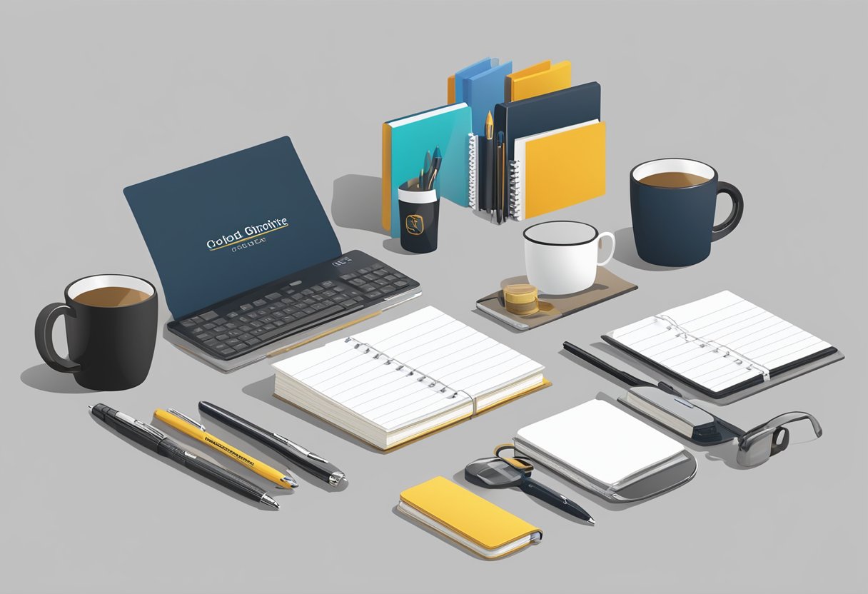 A table with various affordable corporate gifts displayed, such as branded pens, notebooks, and mugs. The items are neatly arranged and labeled with their prices