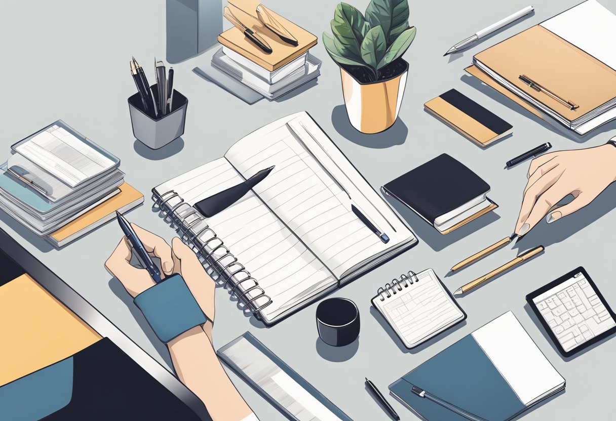 A hand reaches for a sleek pen on a desk, surrounded by various corporate gift options like branded notebooks and elegant desk accessories